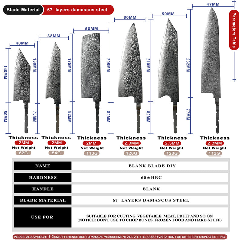 Grandsharp Knife Blank Blade DIY Kitchen Knife 67 Layers Damascus Steel VG10 Razor Sharp Tools High Hardness Chef Cooking Tool