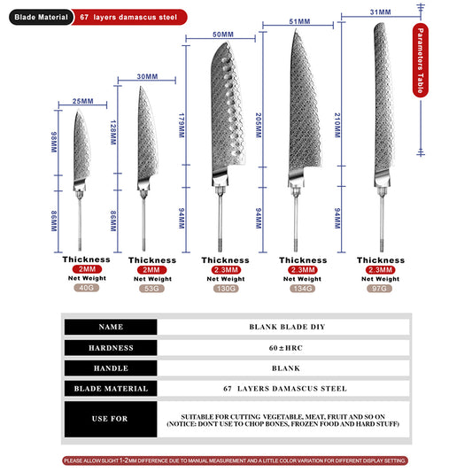 Professional DIY Damascus AUS-10 Steel Kitchen Knife Blank Blade Set Without Handle