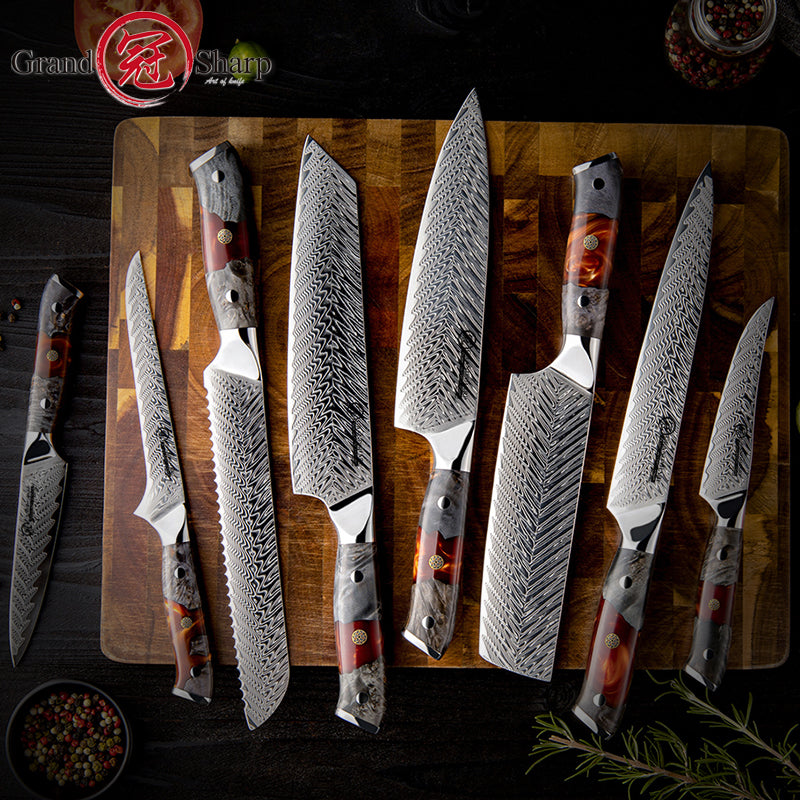8 Pcs Knife Set AUS-10 Japanese Damascus Steel Kitchen Chef Knives Kiritsuke Boning Utiltiy Nakiri Knife Vegetables Meat Cutter