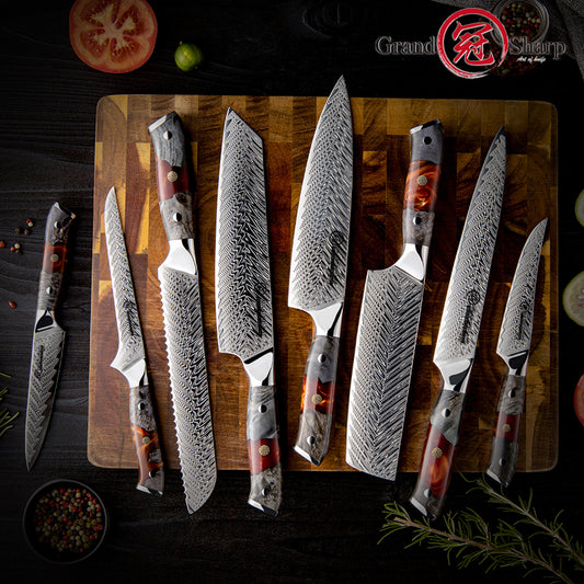 Grandsharp Solidified Wood & Red Resin Handle 67 Layers Damascus Steel 60HRC Kitchen Boning Paring Utility Messer Kitchen Knives Set