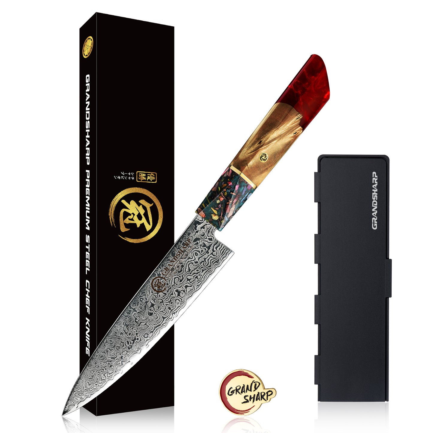 Grandsharp Damascus Chef Knife Sets Japanese Chef Santoku Utility Nakiri Kiritsuke Knives Set Red Resin and Solid Wood Handle