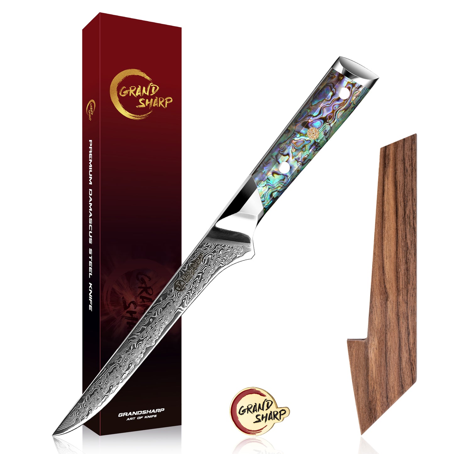 Grandsharp Abalone Handle Damascus Boning Knife