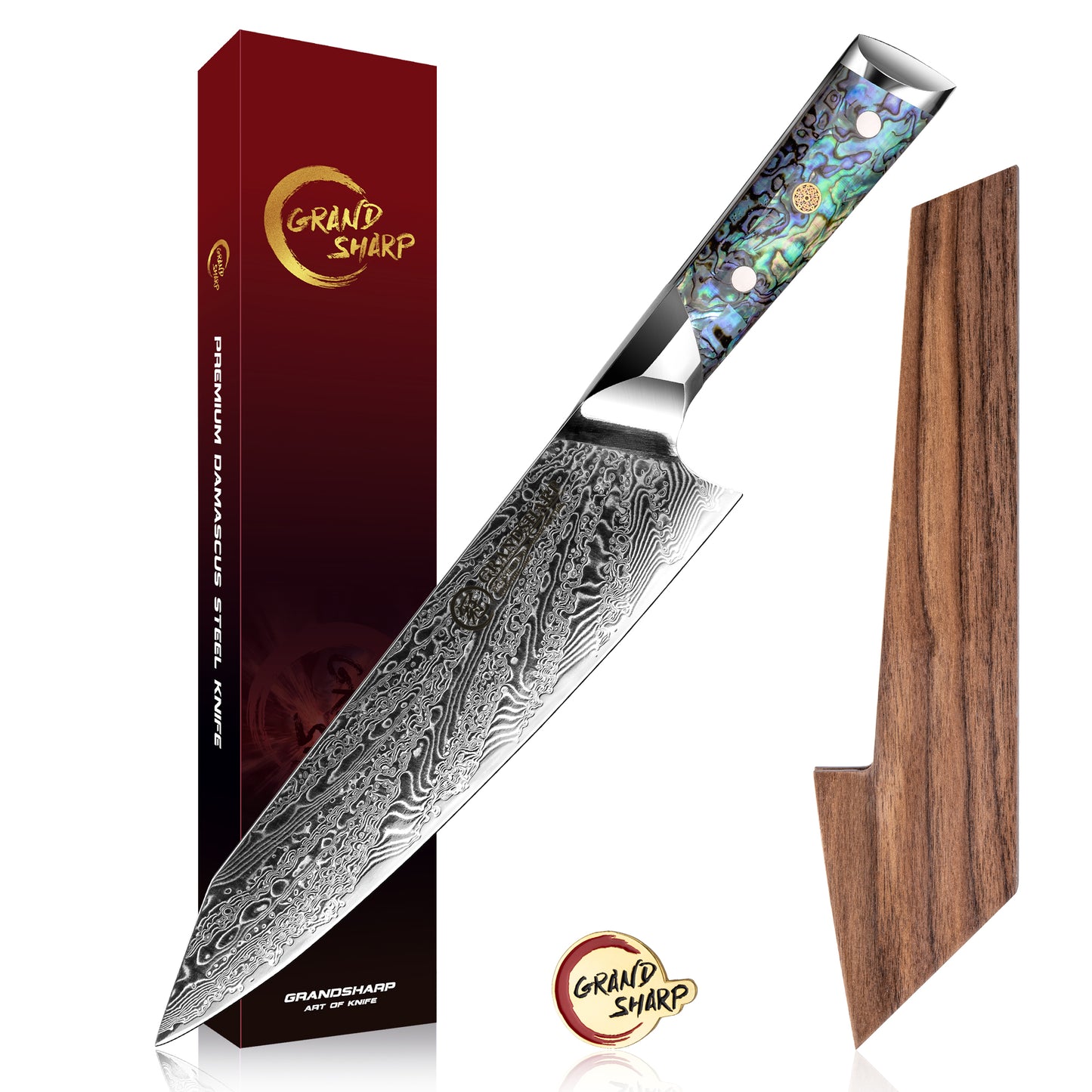 Grandsharp Abalone Handle Damascus Kiritsuke Chef Knife