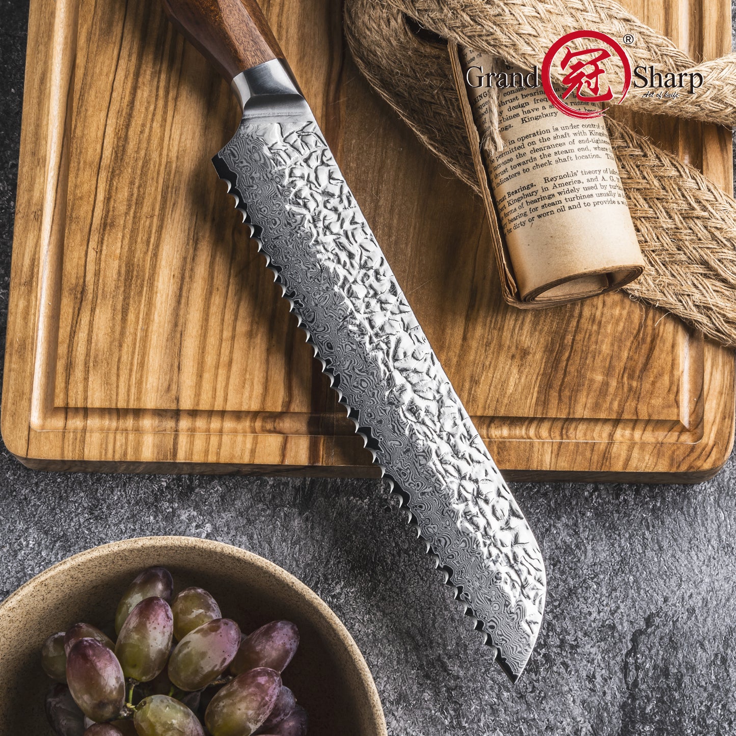 Grandsharp Kitchen Bread Knife 8.5 Inch 67 Layers AUS10 Core Damascus Steel Japanese Bread Knives with Africa Rose Wood Handle