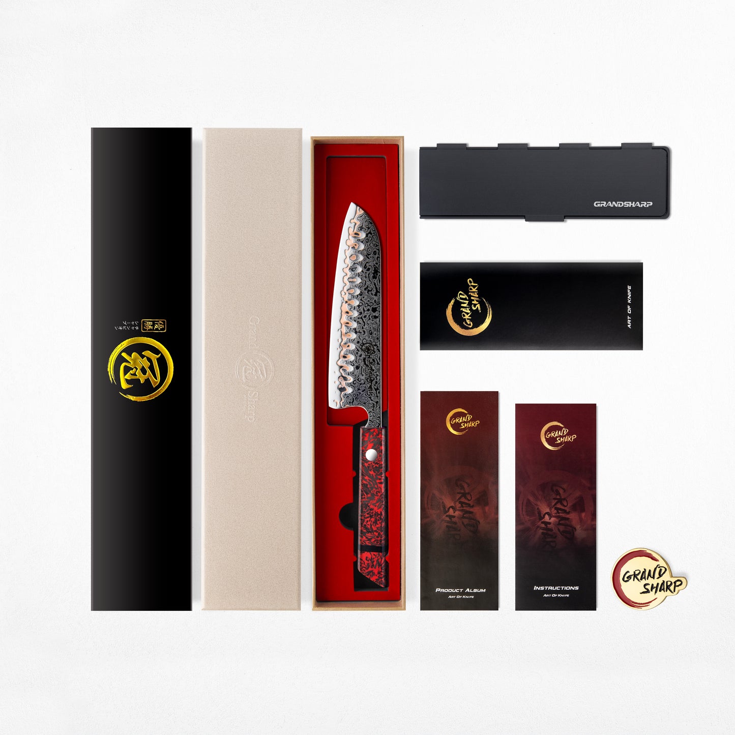 Grandsharp 55 Layers Copper Damascus Santoku Knife with Red Handle