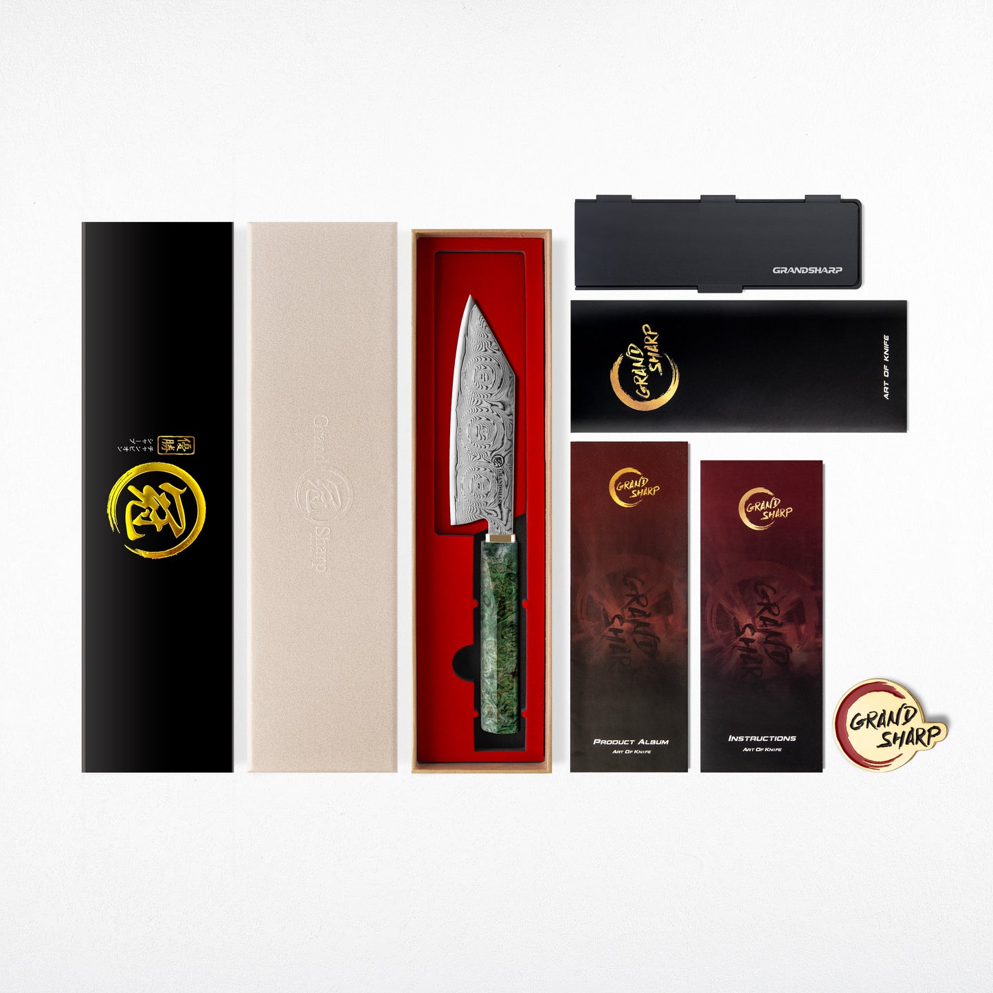 Grandsharp Green Handle Damascus Bunka Prep Knife