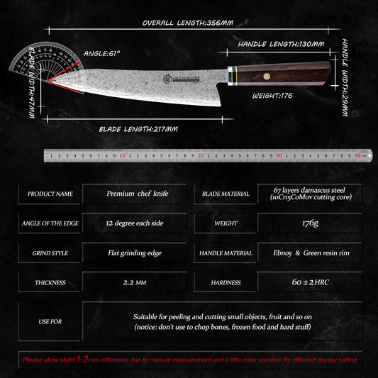Grandsharp Handmade Damascus Gyuto Chef Knife with Ebony Handle