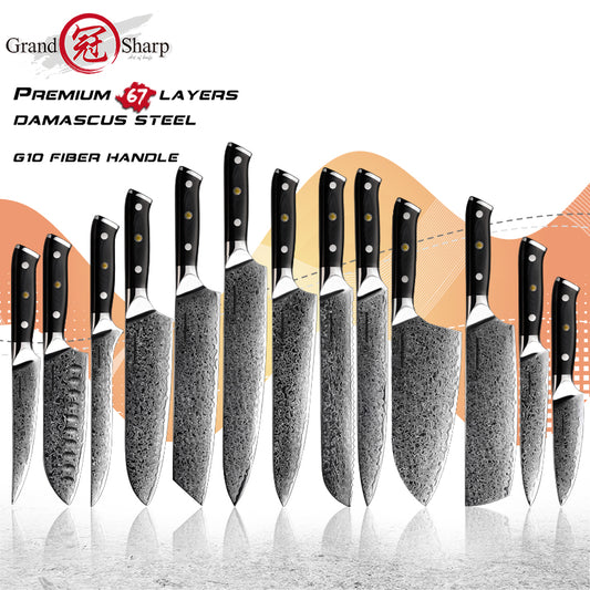 Grandsharp Damascus Knife Set 67 Layers AUS-10 Japanese Damascus Steel Chef Cleaver Boning Kiritsuke Santoku Kitchen Knives