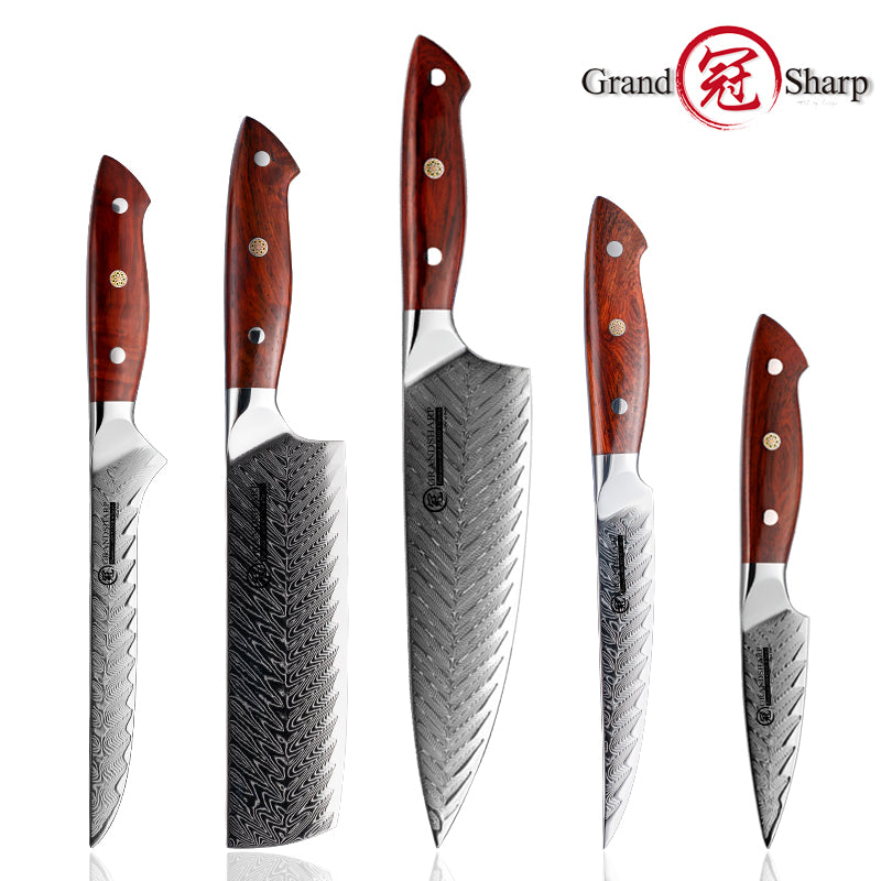 Grandsharp 5Pcs Professional Kitchen Knife Set AUS-10 Japanese Damascus Chef Paring Boning Knives Meat Slicer Fruit Cutting Tool
