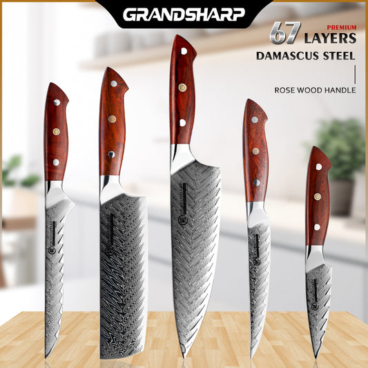 Grandsharp 5Pcs Professional Kitchen Knife Set AUS-10 Japanese Damascus Chef Paring Boning Knives Meat Slicer Fruit Cutting Tool