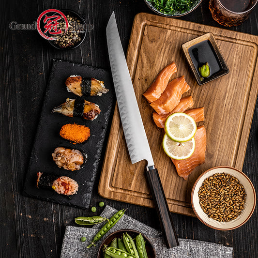 Grandsharp Handmade 5 Layers Clad High Carbon Stainless Steel Kitchen Chef Sakimaru Sushi Knife Ciricote Wood Handle