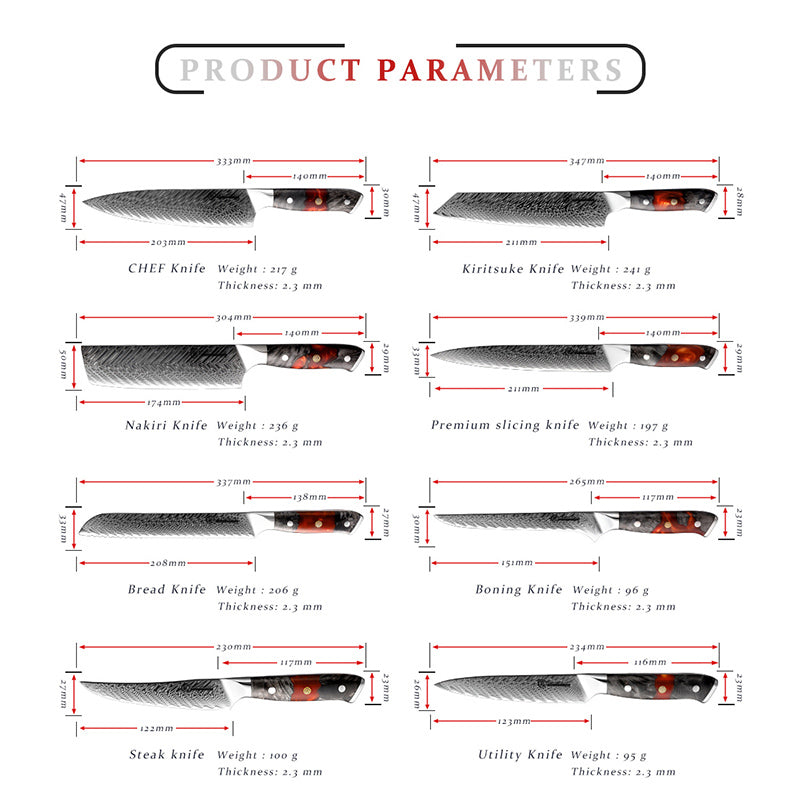 8 Pcs Knife Set AUS-10 Japanese Damascus Steel Kitchen Chef Knives Kiritsuke Boning Utiltiy Nakiri Knife Vegetables Meat Cutter