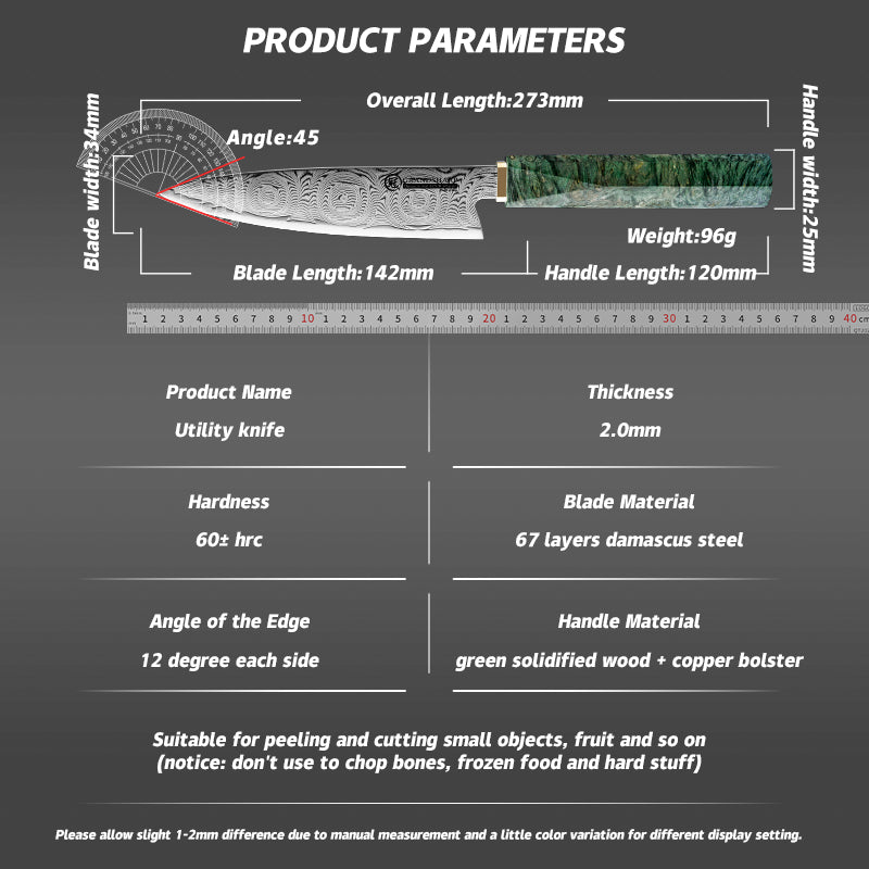 Grandsharp 5.6" Utility Knife 67 Layers Damascus 10cr15CoMov Steel Sharp Kitchen Household Knife with Solidified Wood Handle