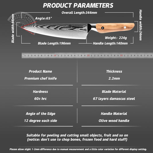 Grandsharp Olive Wood Handle Damascus Chef Knife