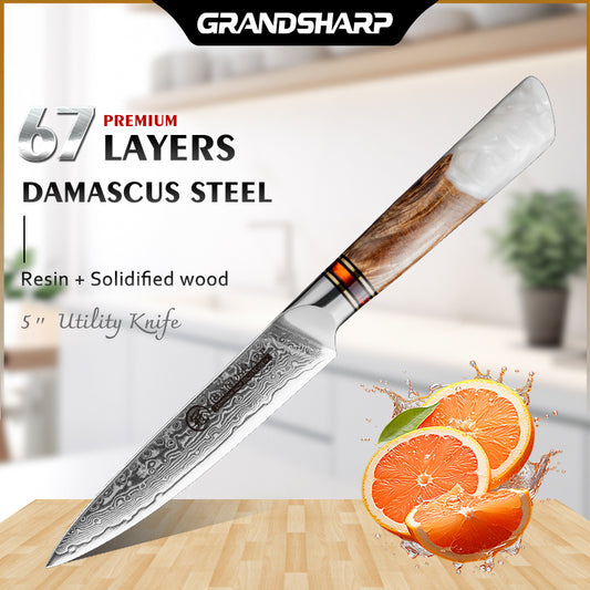 Grandsharp Professional 5 Inch Utility Knife 67 Layers Damascus Steel 10Cr15C0Mov Kitchen Knife with White Resin Handle Gift Box