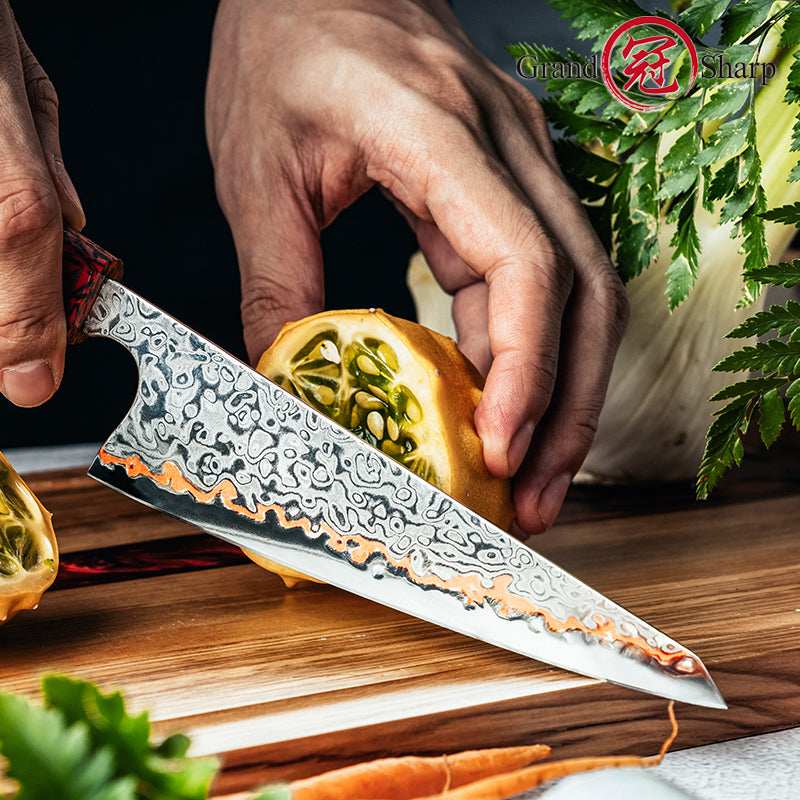 Grandsharp Premium 6 Inch Garasuki Knife 55 Layers Copper Damascus Steel Chef Santoku Utility Knife Red Resin + Carbon Fiber Handle