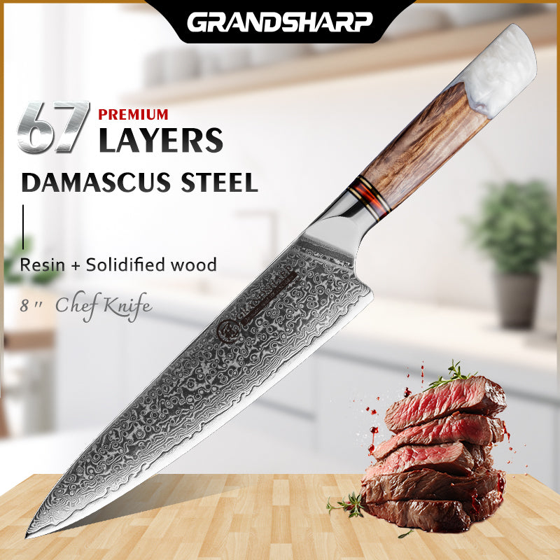 Grandsharp 8''Chef Knife 67 Layers damascus Steel 10Cr15C0Mov Kitchen Knife Vegetable Meat Cooking Tools with White Resin Handle
