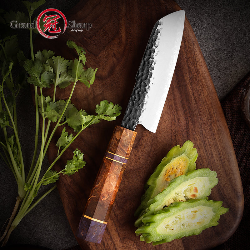 Grandsharp Handmade Forged Kitchen Santoku Knife Modern AUS10 Steel Santoku Knives Cutting with Solidified Wood Handle