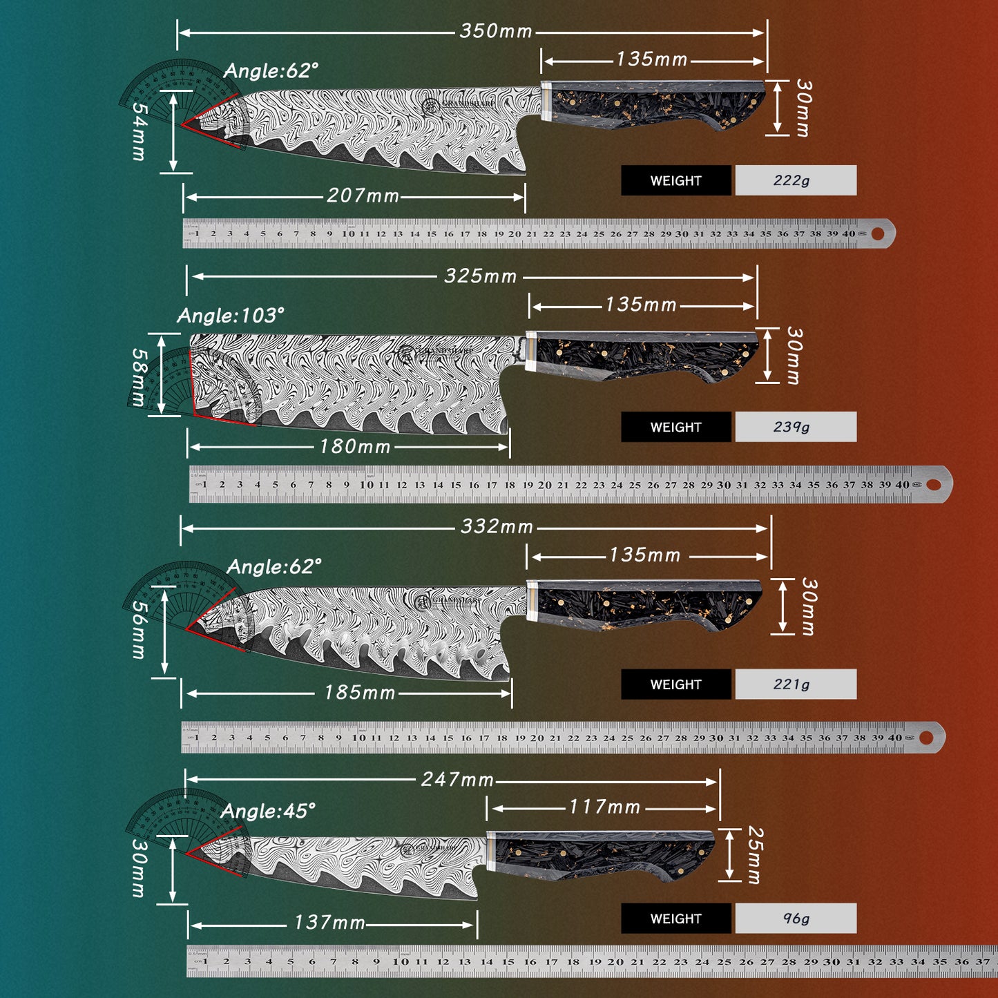 Grandsharp 1-7pcs Kitchen Knives Set 67 Layers Damascus Steel AUS-10 High Carbon Steel 60±2HRC with Carbon Fiber Handle for Cooking Vegetable Fruit
