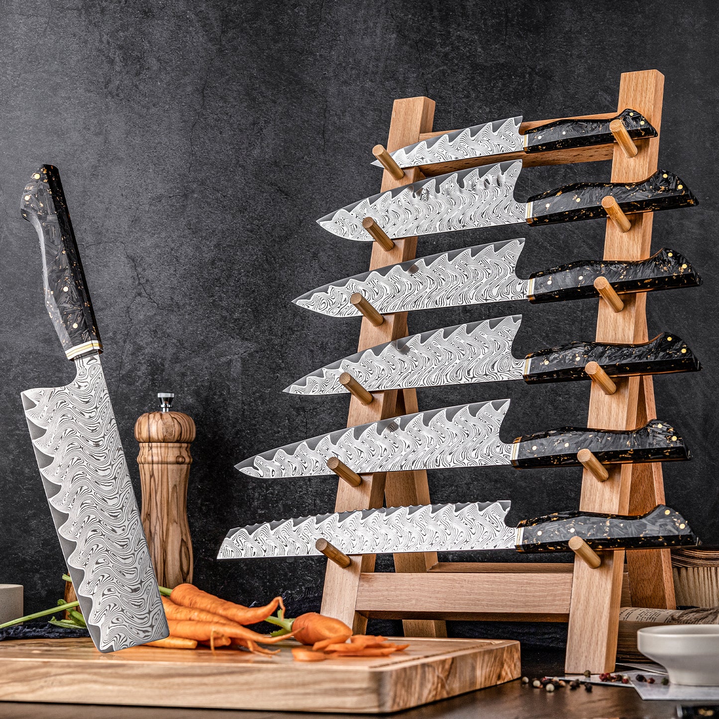 Grandsharp 1-7pcs Kitchen Knives Set 67 Layers Damascus Steel AUS-10 High Carbon Steel 60±2HRC with Carbon Fiber Handle for Cooking Vegetable Fruit