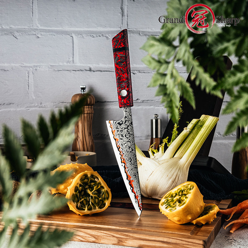 Grandsharp Premium 6 Inch Garasuki Knife 55 Layers Copper Damascus Steel Chef Santoku Utility Knife Red Resin + Carbon Fiber Handle