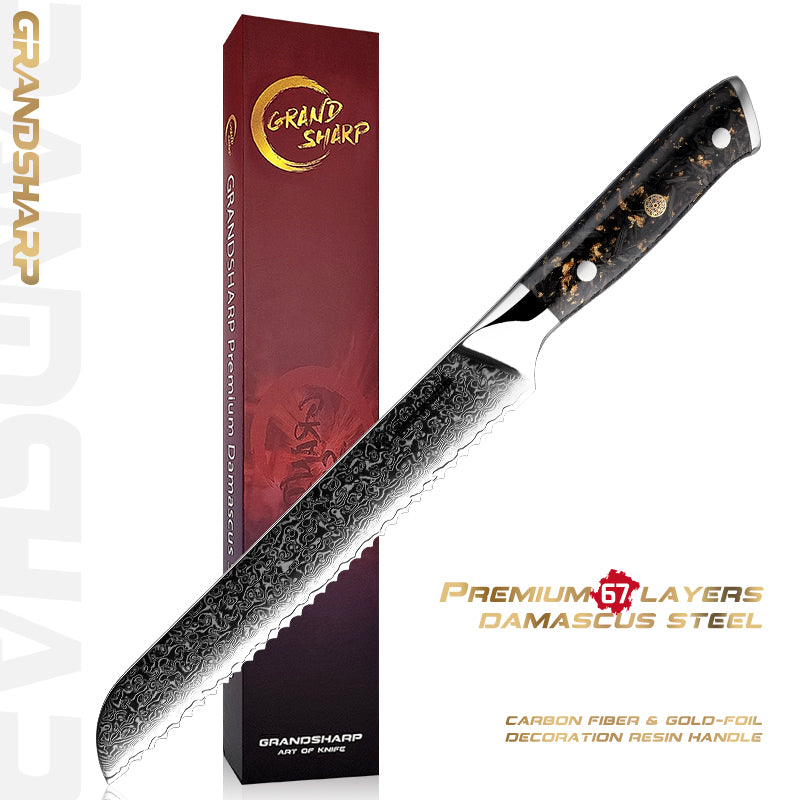 Grandsharp 10Cr15CoMoV Damascus Full Tang Bread Knife