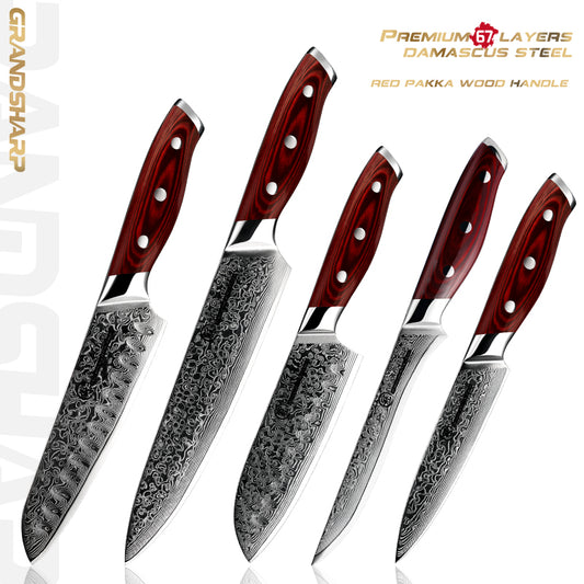 Grandsharp 5 Pcs Chef Knife Set Japanese Damascus Steel Santoku Utility Cleaver Kitchen Tools Meat Fish Vegetables Pakka Wood