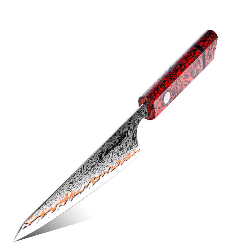 Grandsharp Premium 6 Inch Garasuki Knife 55 Layers Copper Damascus Steel Chef Santoku Utility Knife Red Resin + Carbon Fiber Handle