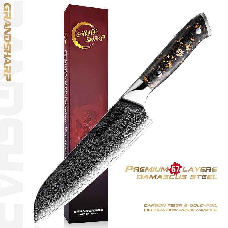 Grandsharp 10Cr15CoMoV Damascus Full Tang Santoku Knife