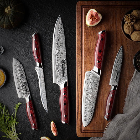Grandsharp 5 Pcs Chef Knife Set Japanese Damascus Steel Santoku Utility Cleaver Kitchen Tools Meat Fish Vegetables Pakka Wood