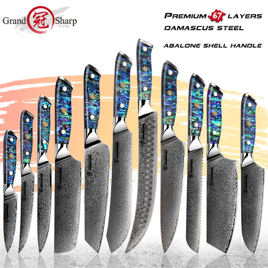 Grandsharp Professional Damascus Knife Set AUS10 High Carbon Japanese Steel Chef Knife Cleaver Paring Steak Bread Knives 1-11PCS