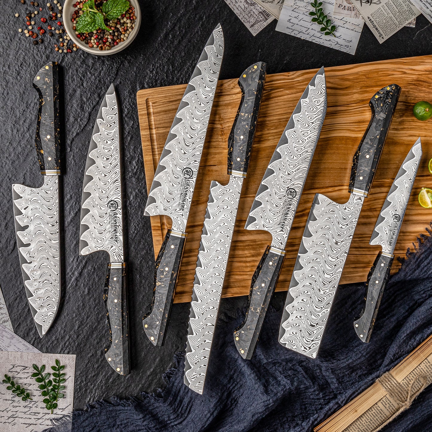 Grandsharp 1-7pcs Kitchen Knives Set 67 Layers Damascus Steel AUS-10 High Carbon Steel 60±2HRC with Carbon Fiber Handle for Cooking Vegetable Fruit