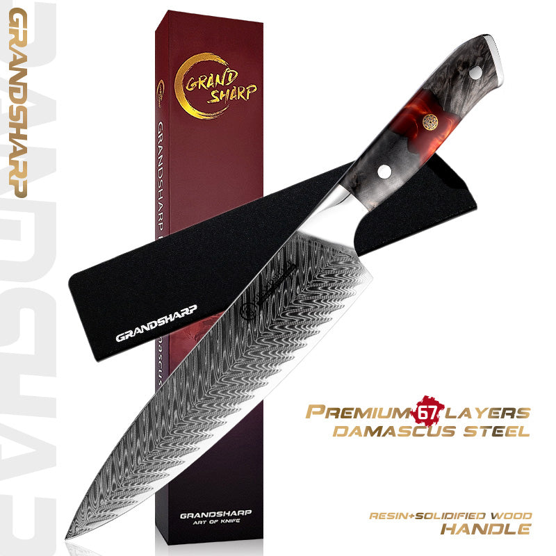 Grandsharp Damascus Steel Chef Gyuto Knife with Resin & Wood Handle