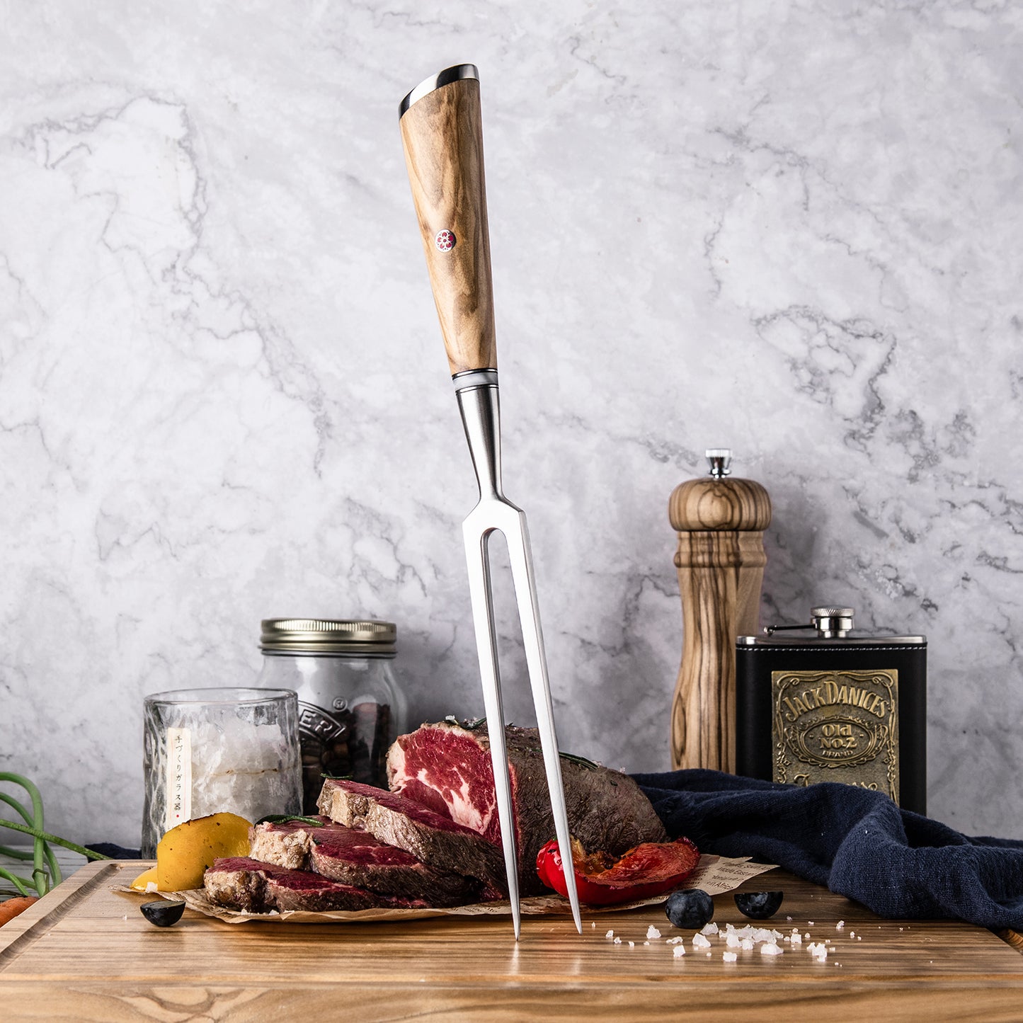 Grandsharp Forged Carving Fork 430 Stainless Steel Professional Meat Fork Resin Olive Wood Handle BBQ Tool Kitchen Essential