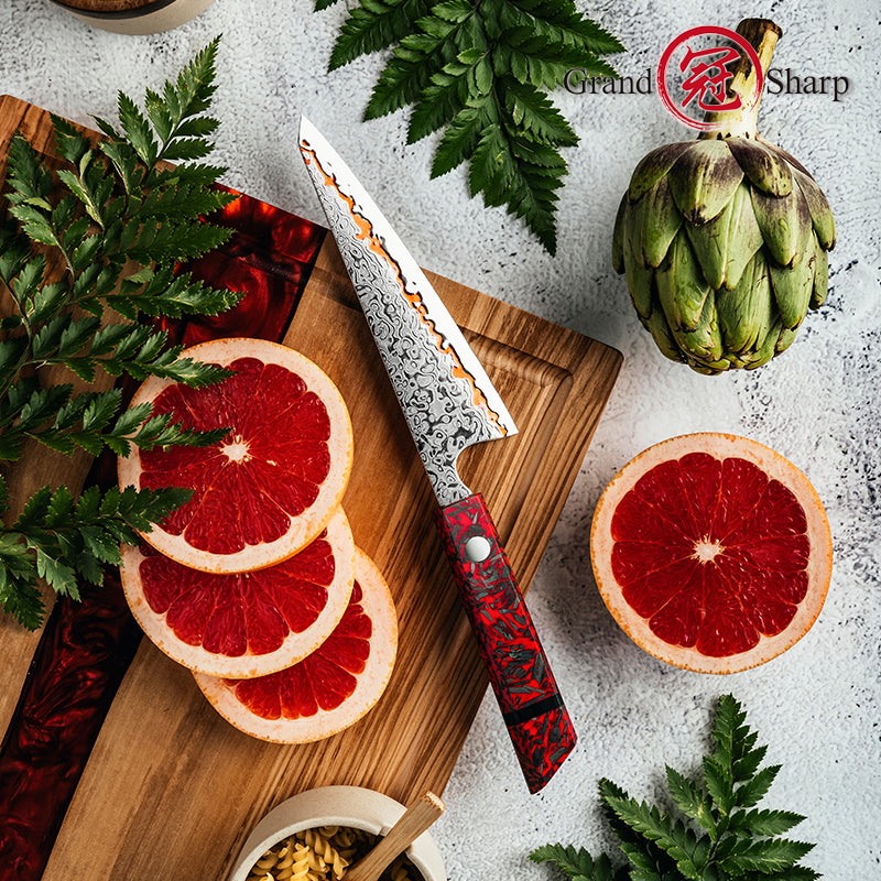 Grandsharp Premium 6 Inch Garasuki Knife 55 Layers Copper Damascus Steel Chef Santoku Utility Knife Red Resin + Carbon Fiber Handle