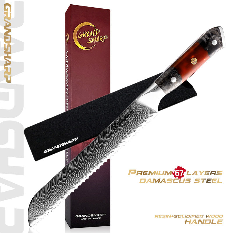 Grandsharp Damascus Steel Serrated Bread Knife with Resin & Wood Handle