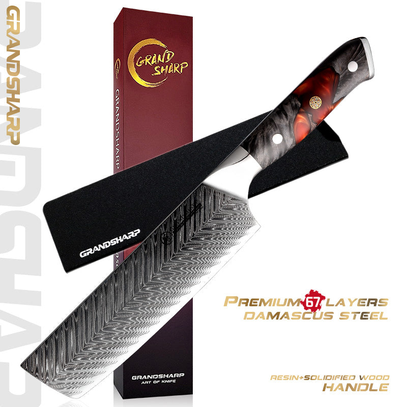 Grandsharp Damascus Steel Nakiri Knife with Resin & Wood Handle