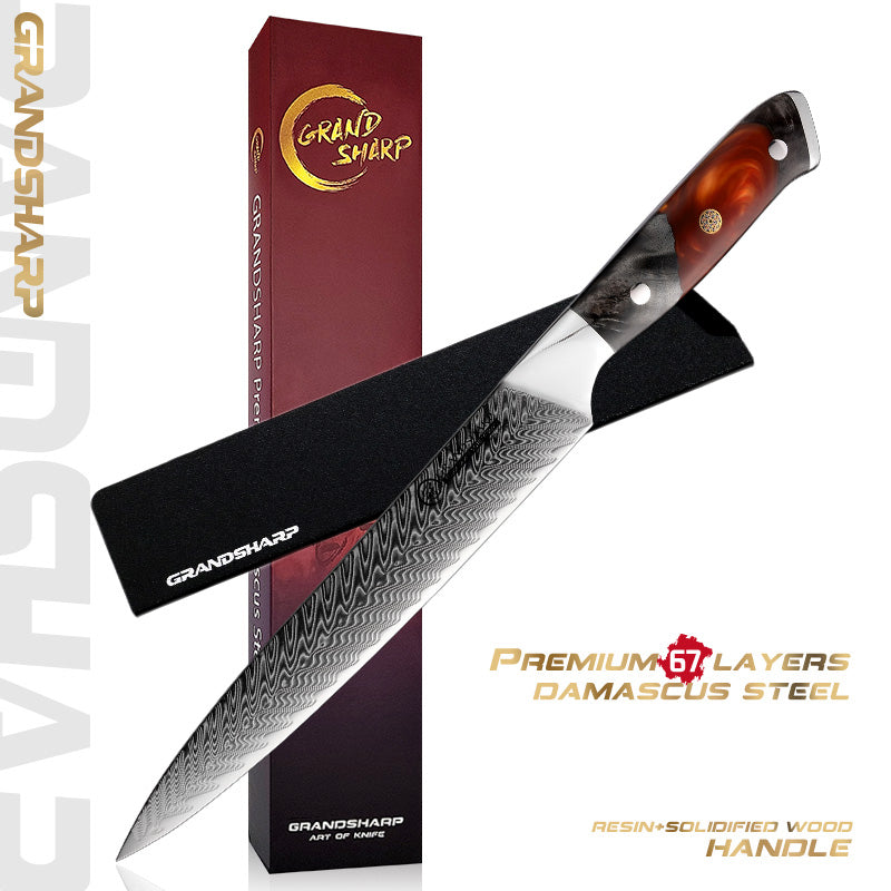 Grandsharp Damascus Steel Chef Slicing Carving Knife with Resin & Wood Handle