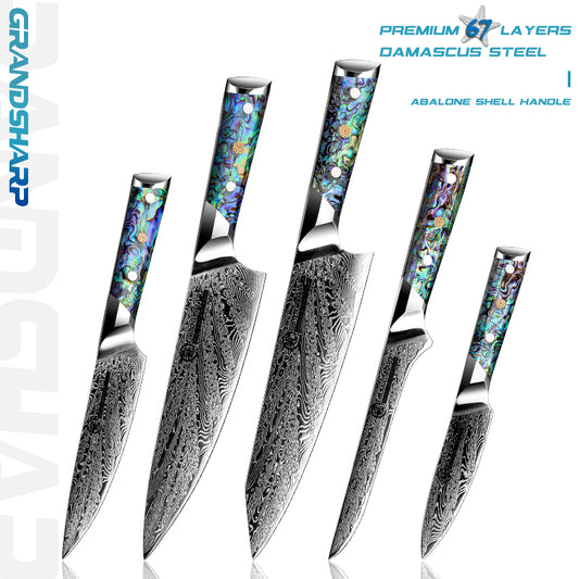5 Pcs Damascus Kitchen Knife Set AUS10 Chef Knife Kiritsuke Boning Utility Paring Knife with Abalone Shell Handle