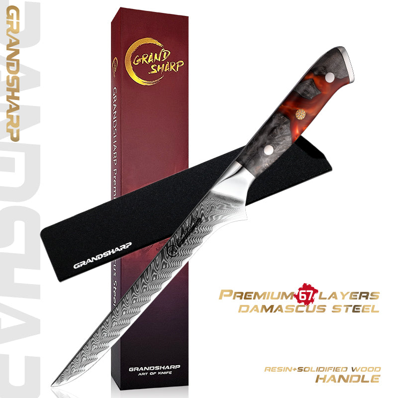 Grandsharp Damascus Steel Boning Knife with Resin & Wood Handle