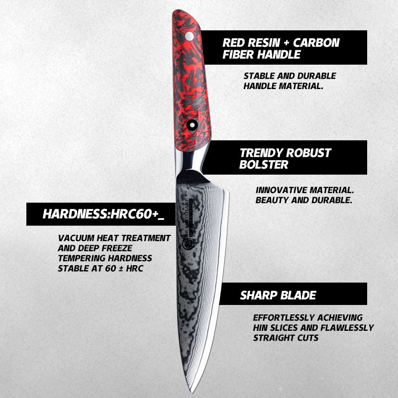 Grandsharp 67 Layers Damascus Steel Utility Paring Knife with Red Resin and Carbon Fiber Handle