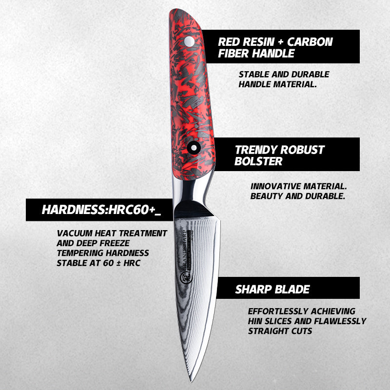Grandsharp 3.7"Damascus AUS-10 Core Utility Fruit Paring Knife Red Resin and Carbon Fiber Handle