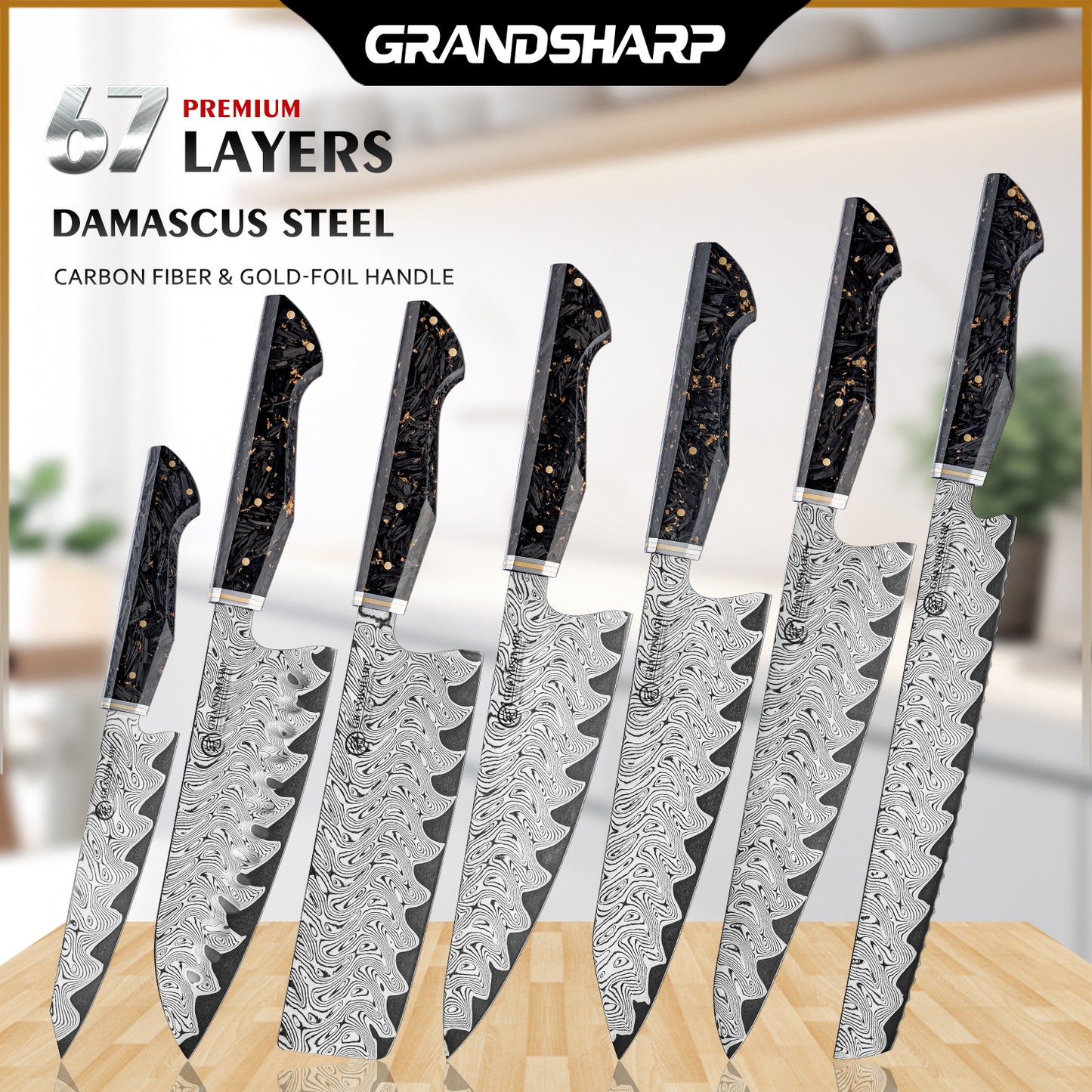 Grandsharp 1-7pcs Kitchen Knives Set 67 Layers Damascus Steel AUS-10 High Carbon Steel 60±2HRC with Carbon Fiber Handle for Cooking Vegetable Fruit