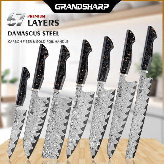 Grandsharp 1-7pcs Kitchen Knives Set 67 Layers Damascus Steel AUS-10 High Carbon Steel 60±2HRC with Carbon Fiber Handle for Cooking Vegetable Fruit