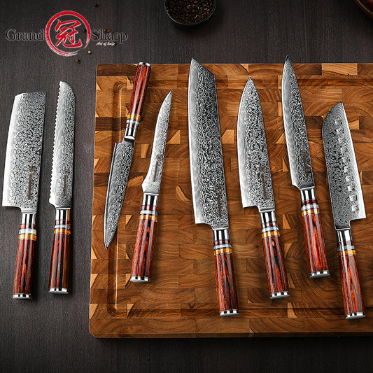 Grandsharp Hot-sale Damascus Kitchen Knife Set 67 Layers Damascus Steel Santoku Boning Kiritsuke Cleaver Utility Chef Knives Set