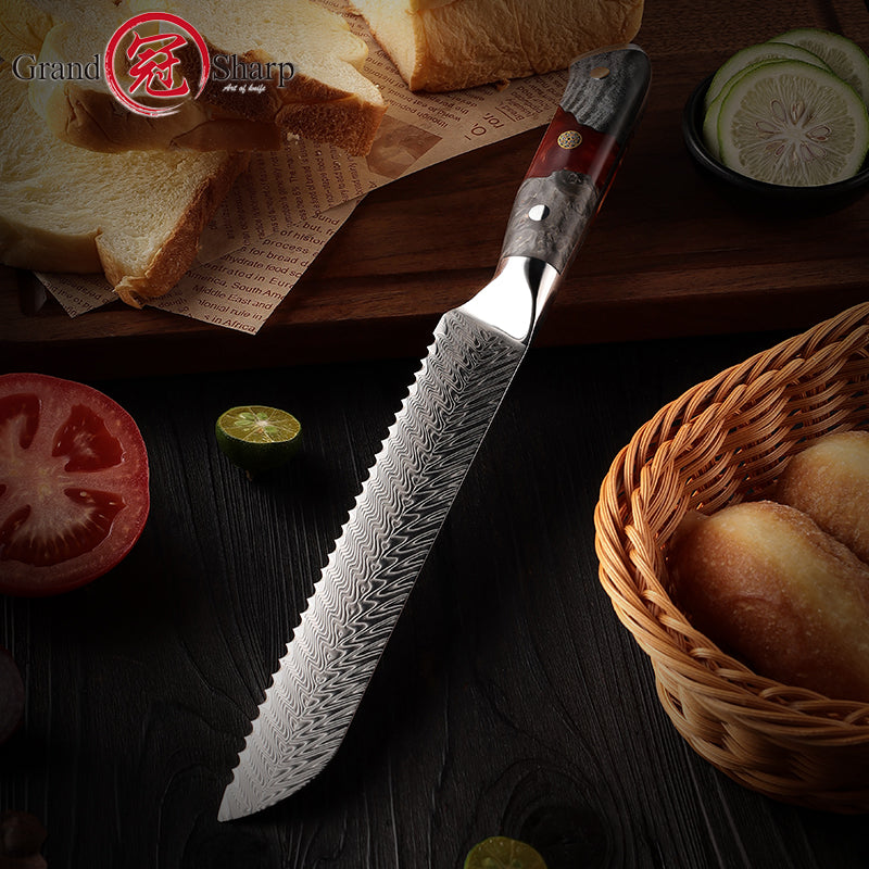 Luxury 8.2 Inch Professional Damascus Steel Serrated Kitchen Bread Knife AUS10 Bread Cutting Slicer with Wood Handle