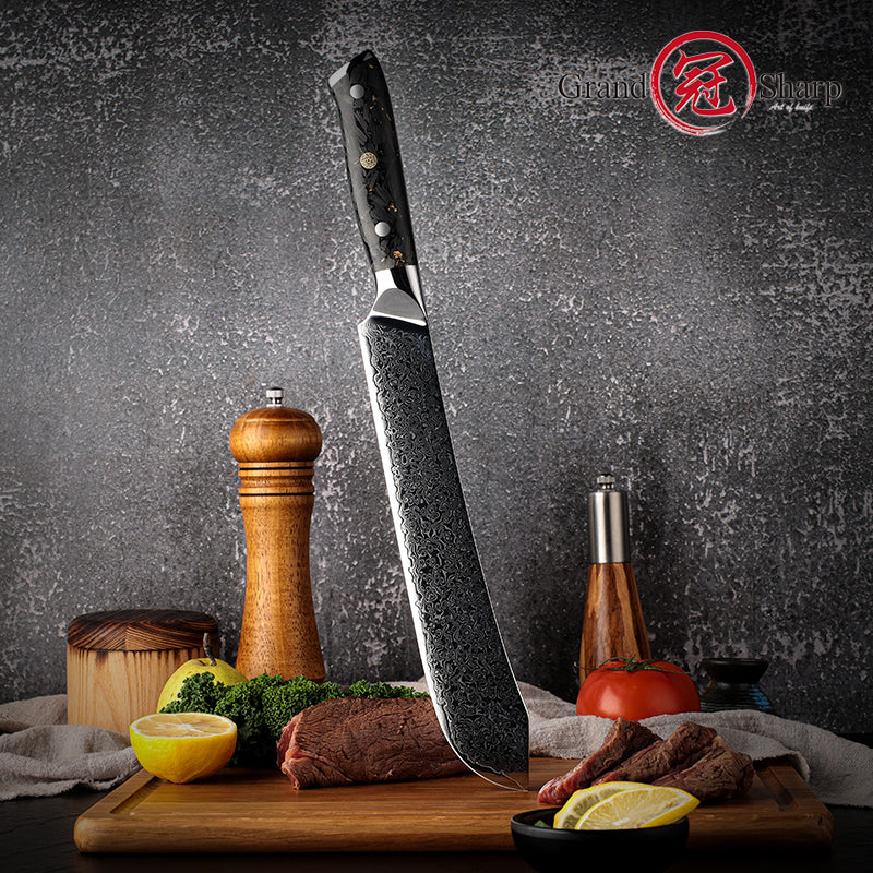 Grandsharp 9'' Damascus Slaughter Knife 67 Layer Damascus Steel Kitchen Slaughter Knives with Black Carbon Fiber Handle