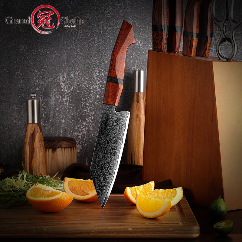 Grandsharp Handmade Damascus Bunka Prep Knife with Sandal Wood Handle
