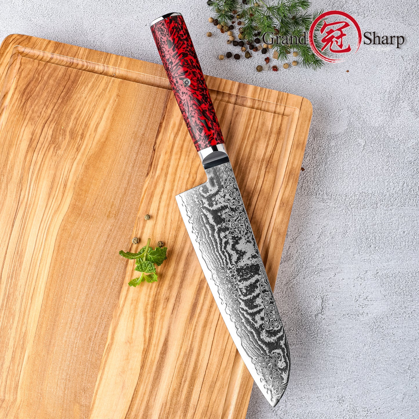 Grandsharp S35VN Damascus Santoku Knife