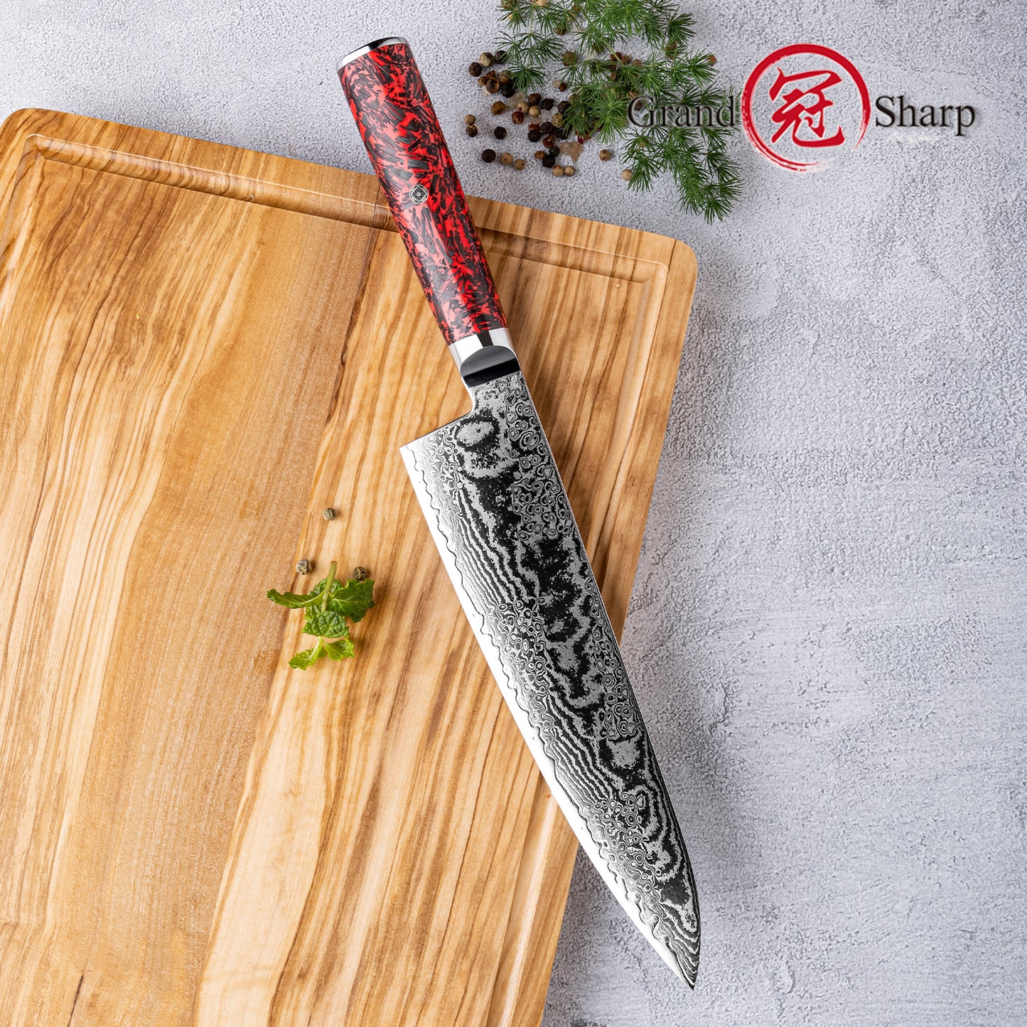 Grandsharp 8.5'' Damascus S35VN Steel Kitchen Chef Knife Carbon Fiber Red Risen Handle